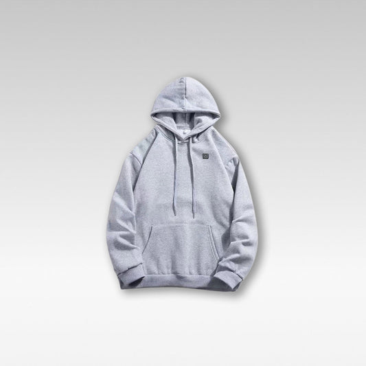 Unisex USB heated hoodie, dark gray, front view, with adjustable heat for winter warmth & outdoor gear