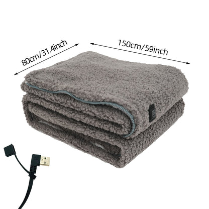 Lightweight wearable heated blanket, gray, USB powered, perfect for office, home, or outdoor use.
