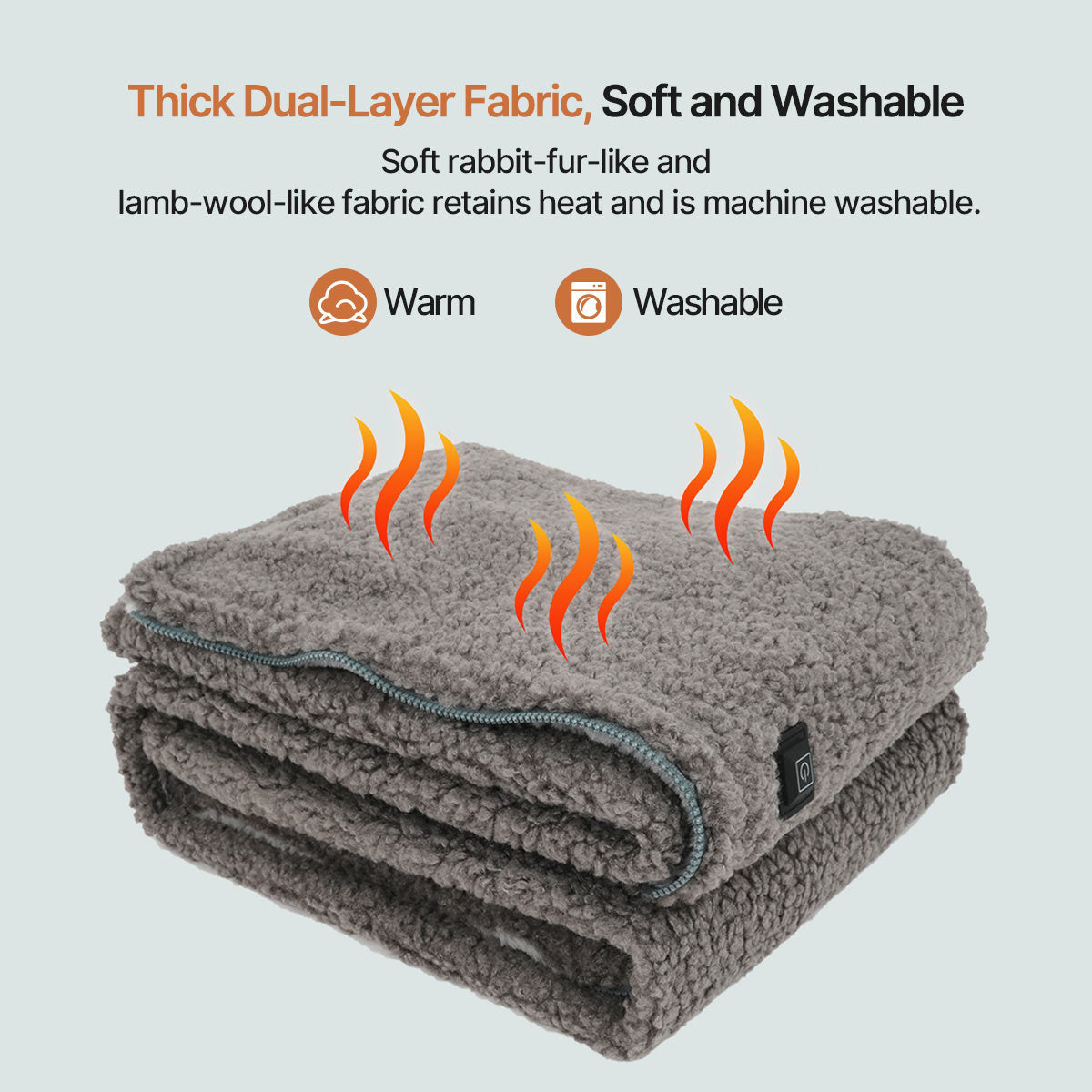 Gray unisex heated blanket, USB powered, draped over shoulders, featuring 3 adjustable heat settings.