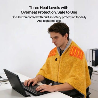 Close-up of USB heated wearable blanket fabric and control, highlighting 3-speed temperature settings.
