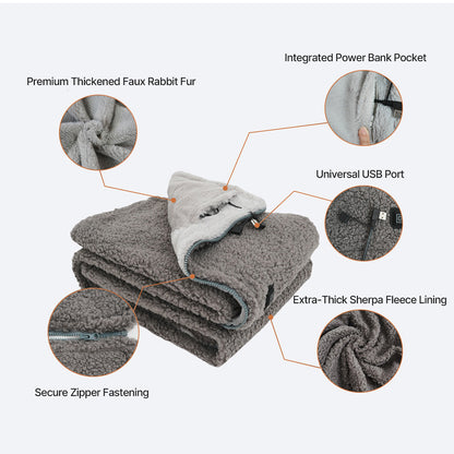 Washable USB heated wearable blanket, compact and folded, ready for travel or office use.