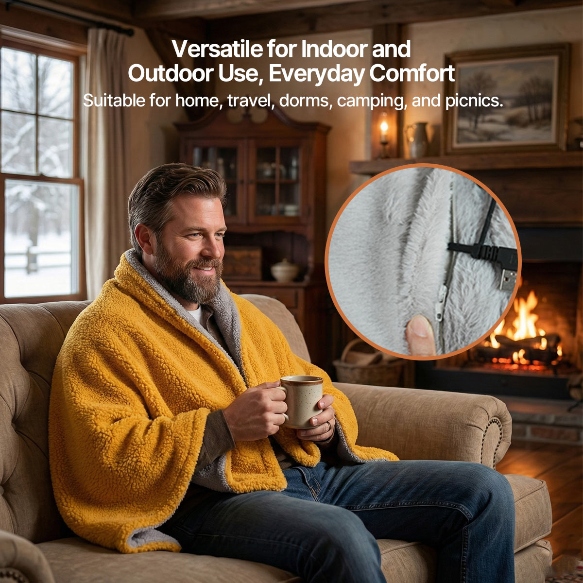 Unisex electric throw, light gray, showcasing its wearable design and USB power for superior comfort.