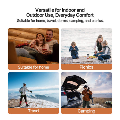 Heated blanket with 3-speed temperature control, USB powered, worn over a chair for ultimate warmth.