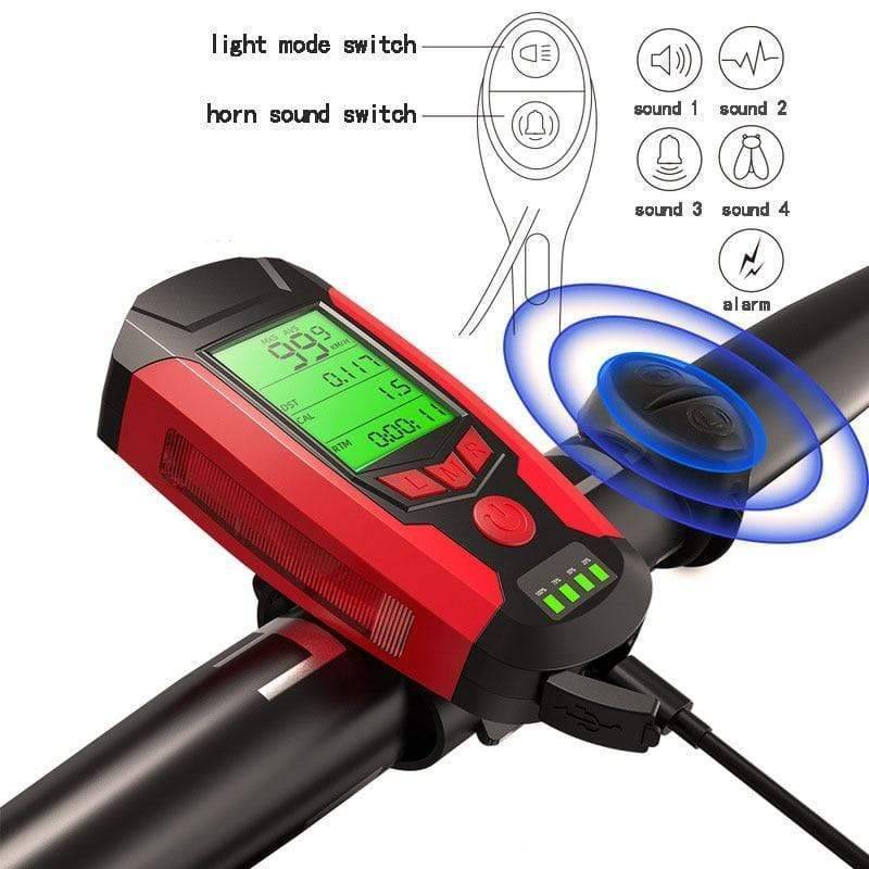 Unisex USB rechargeable 3-in-1 cycling light with horn for enhanced bike safety, black finish