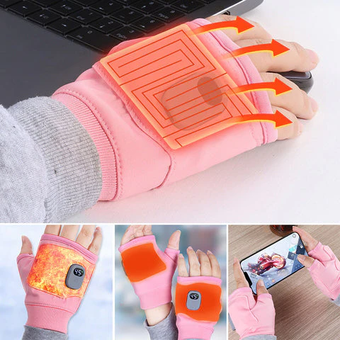 Unisex USB rechargeable heated fingerless gloves for winter outdoor activities, keeping hands warm and agile.