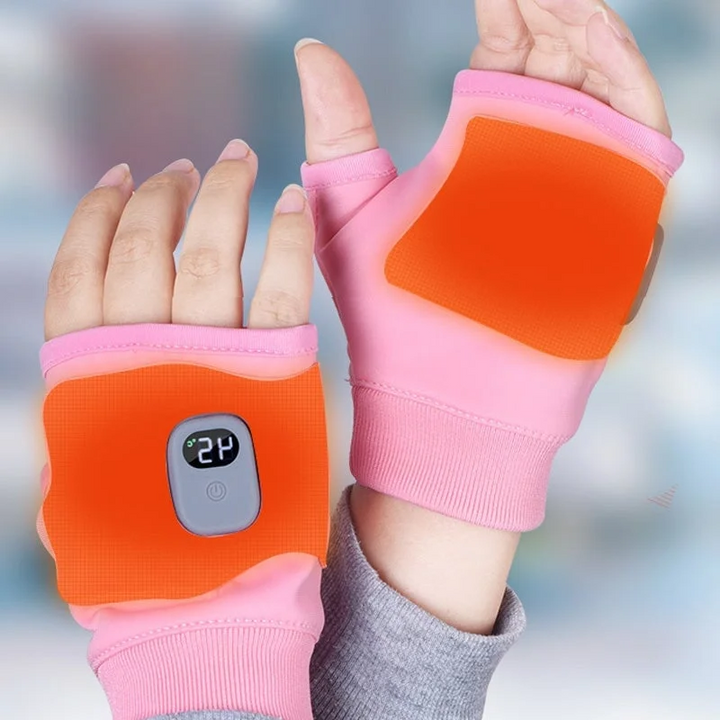 Pink USB rechargeable heated fingerless gloves for women. Enjoy winter warmth and flexible finger use.