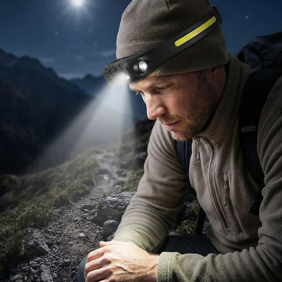 Unisex USB rechargeable LED headlamp for camping & hiking. Hands-free light with multiple modes.