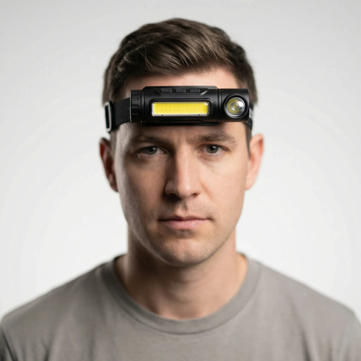 Bright LED headlamp, USB rechargeable, perfect for outdoor activities like hiking, running & fishing.