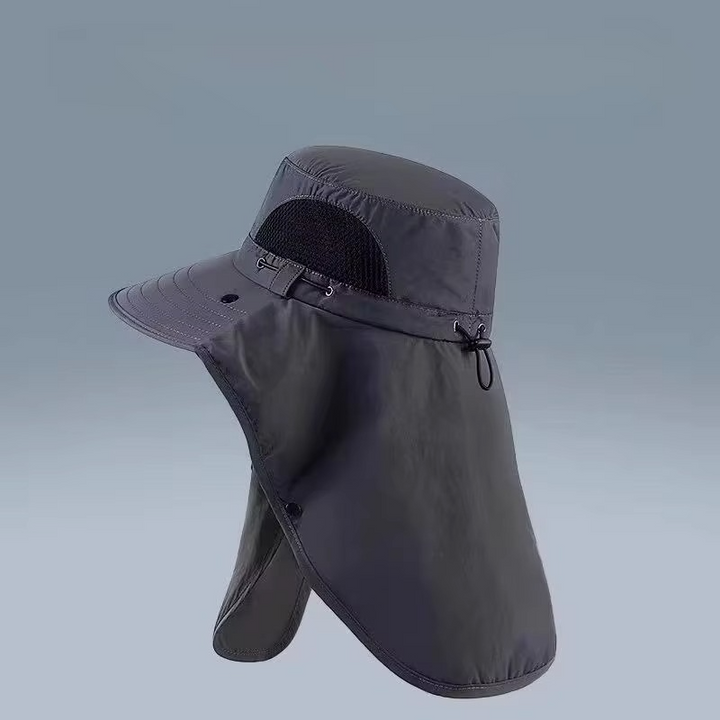 Breathable quick-dry outdoor hat with UPF 50+ UV protection, wide brim & neck flap for camping.