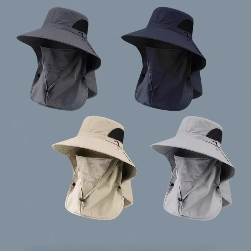 Grey unisex wide brim sun hat with neck flap offers ultimate UV protection for outdoor activities.