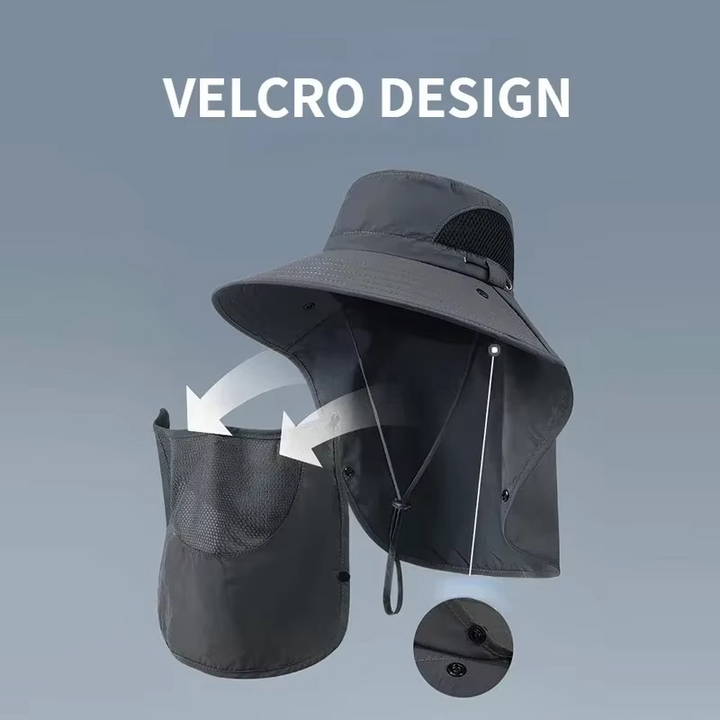 Lightweight hiking hat with UPF 50+ UV protection, wide brim, and a practical detachable neck flap.