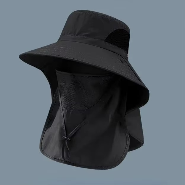 Adjustable outdoor sun hat with breathable fabric, wide brim, and neck flap for summer activities.