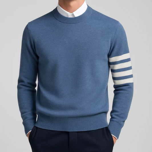 Unisex varsity stripe pullover sweater. Cozy, stylish long-sleeve top for fall & winter comfort. Menswear & womenswear.