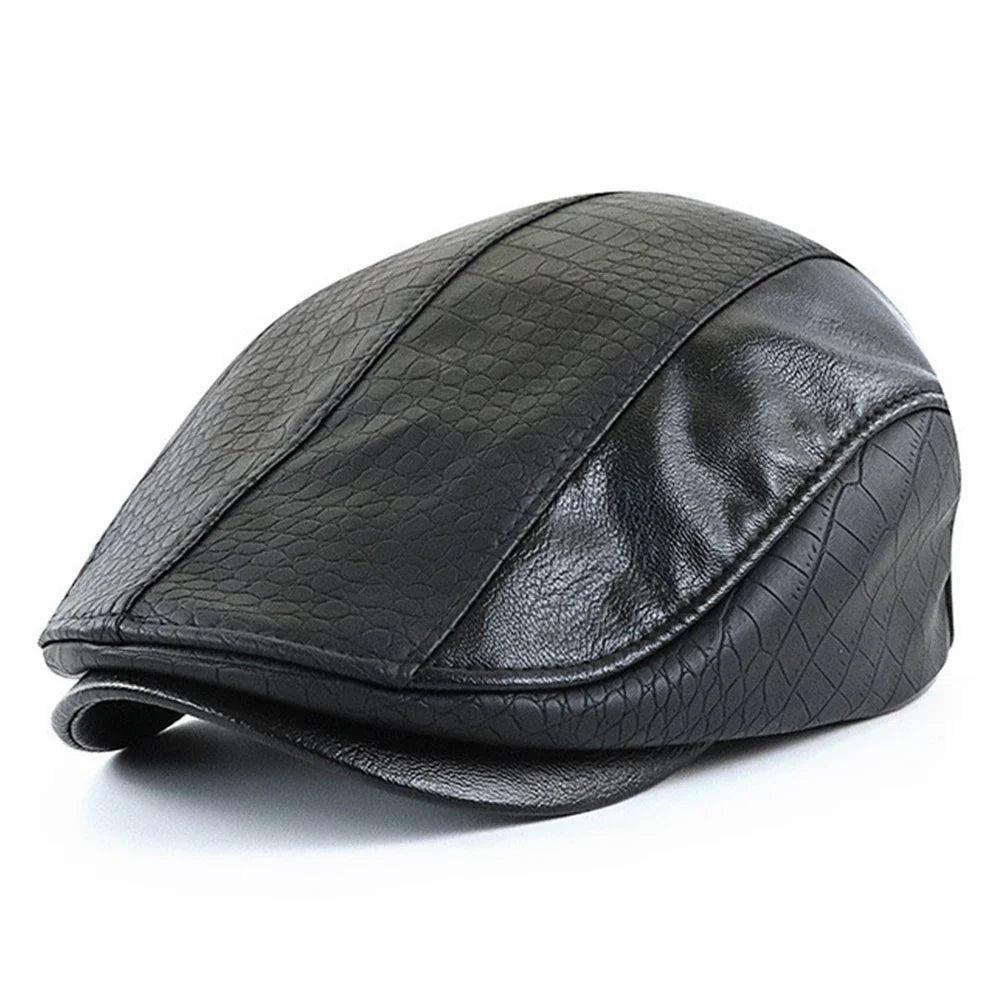 Black vegan leather baseball cap for unisex wear. Adjustable fit hat for stylish headwear.