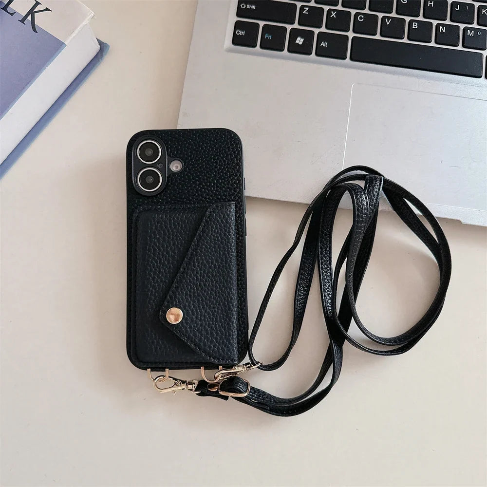 Unisex vegan leather lanyard wallet case for iPhone, with card holder & hands-free cross-body strap.