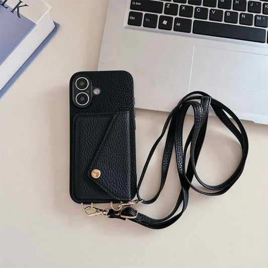 Unisex vegan leather lanyard wallet case for iPhone, with card holder & hands-free cross-body strap.