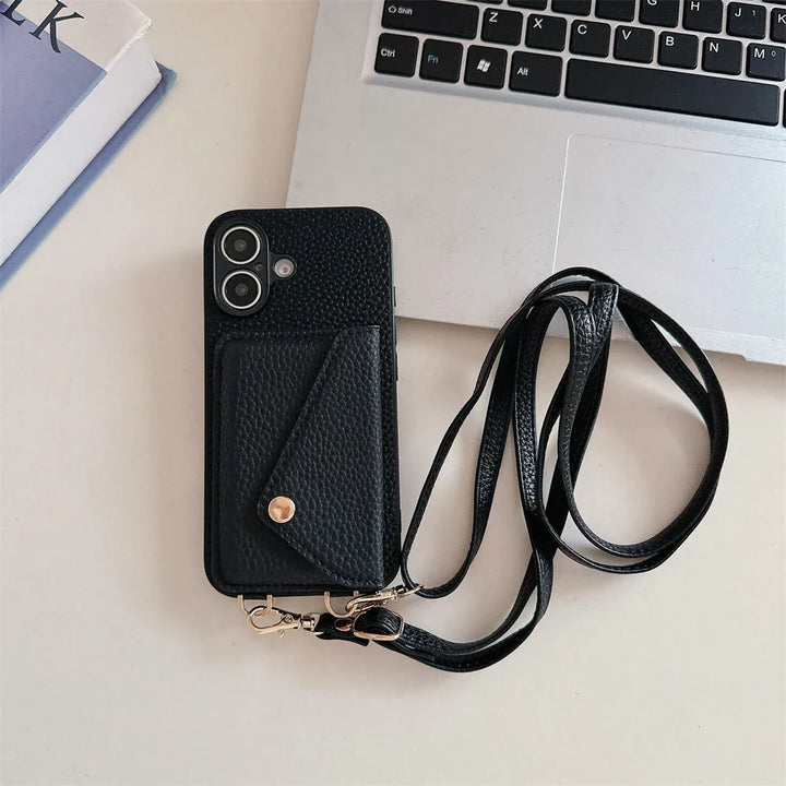 Unisex vegan leather lanyard wallet case for iPhone, with card holder & hands-free cross-body strap.