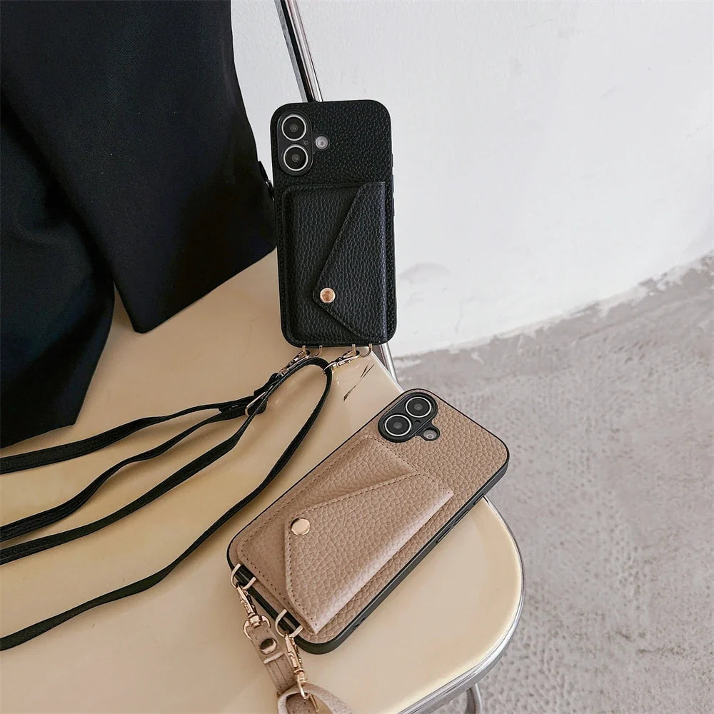 Mobile fashion iPhone accessory: Vegan leather lanyard wallet case for hands-free style & card storage.