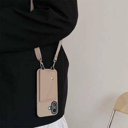 Premium vegan leather iPhone case with lanyard. Wallet design offers secure card slots & phone protection.