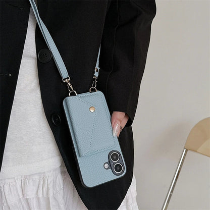 iPhone lanyard wallet case in vegan leather. Perfect for hands-free use, protecting phone & carrying cards.