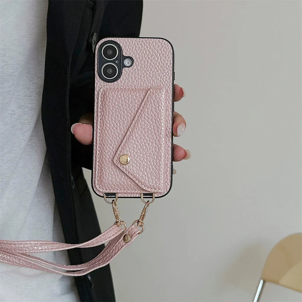 Streamline your carry with this unisex iPhone lanyard wallet case. Vegan leather, card holder, hands-free.