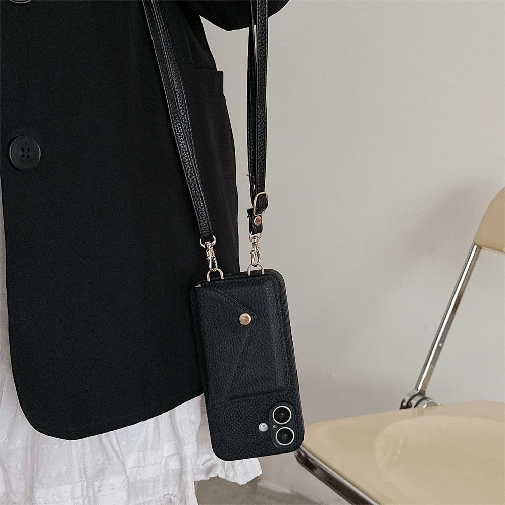 Protect your iPhone in style! Vegan leather lanyard wallet case offers hands-free use & card organization.