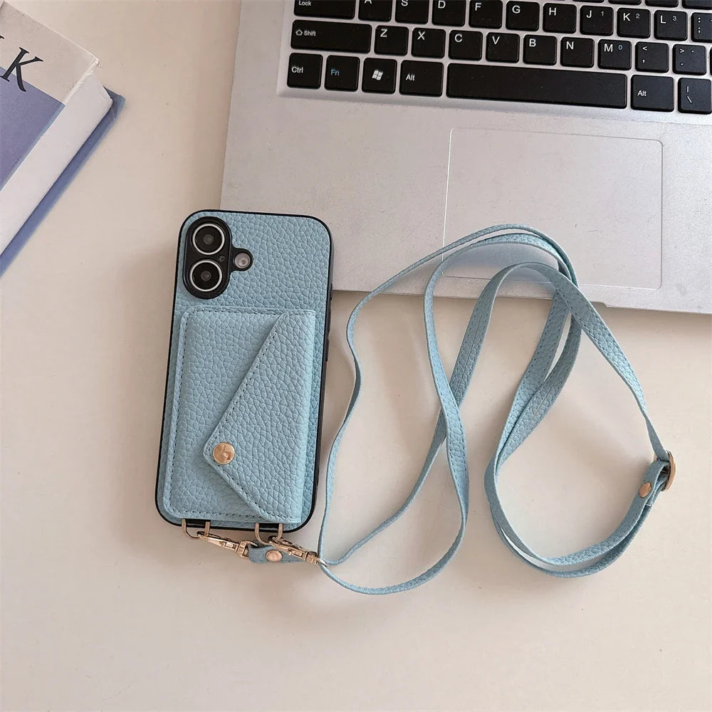 Stylish vegan leather iPhone wallet case with lanyard. Hands-free protection & convenient card holder.