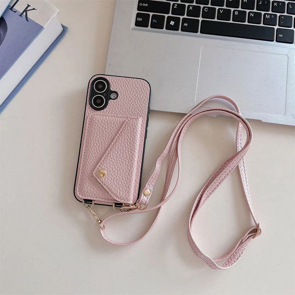 Travel essential iPhone lanyard wallet case. Secure vegan leather, hands-free cross-body design with card slots.