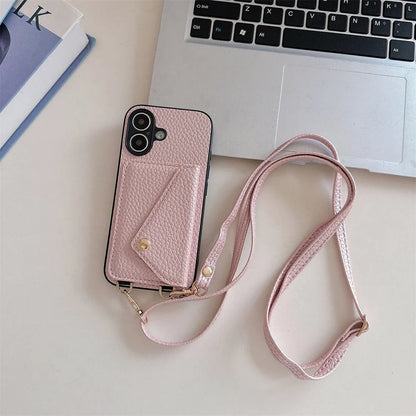 Travel essential iPhone lanyard wallet case. Secure vegan leather, hands-free cross-body design with card slots.