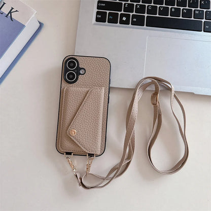 Unisex iPhone case with lanyard & wallet. Vegan leather offers protection & convenience, great for daily use.