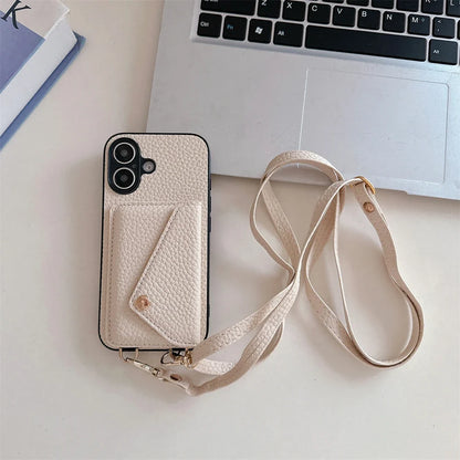 Cross-body iPhone lanyard wallet case. Vegan leather mobile fashion accessory with card holder & phone protection.