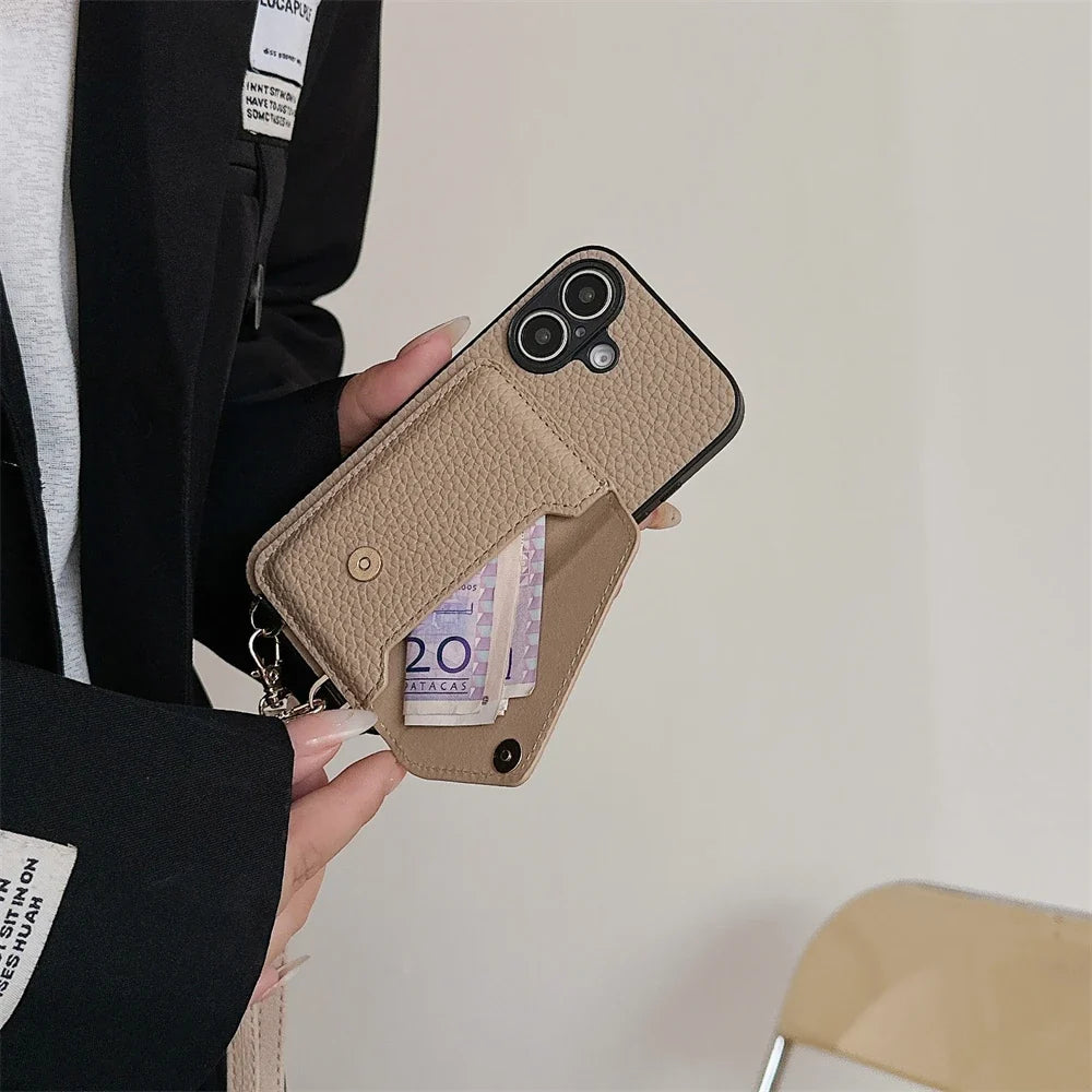 Vegan leather iPhone lanyard wallet case. Hands-free phone protection with integrated card holder.