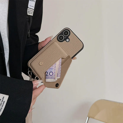Vegan leather iPhone lanyard wallet case. Hands-free phone protection with integrated card holder.