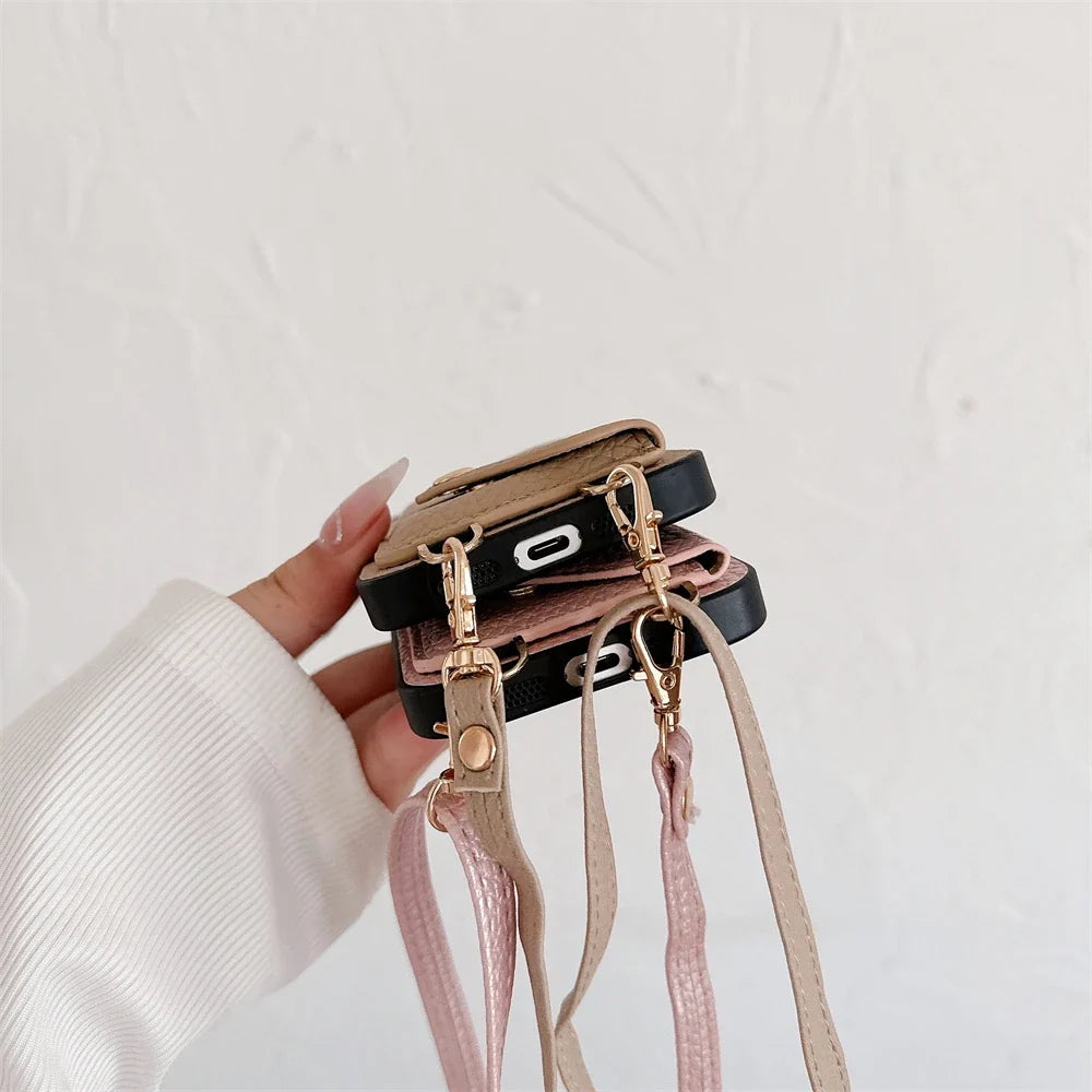 iPhone wallet case with lanyard. Vegan leather card holder & hands-free convenience for all iPhone models.