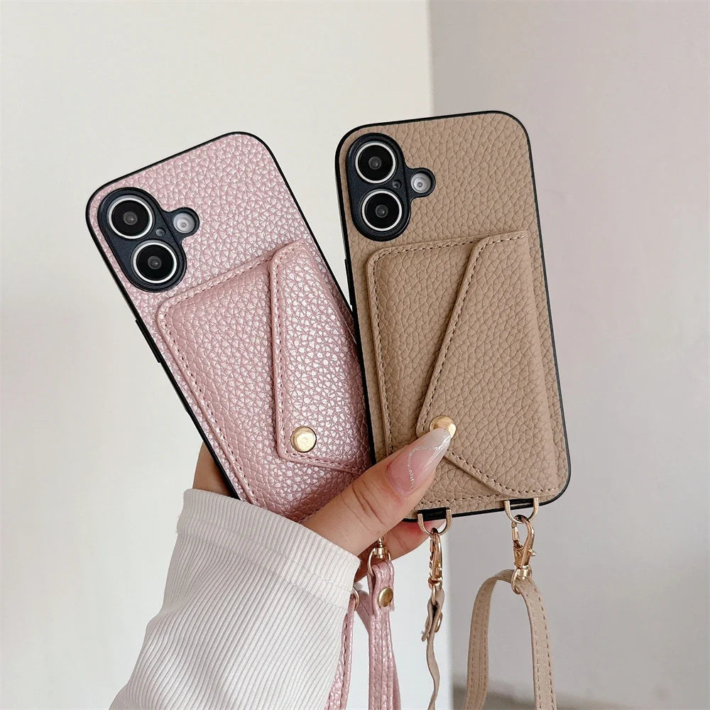 Hands-free iPhone case, featuring a durable vegan leather wallet & cross-body lanyard for protection.