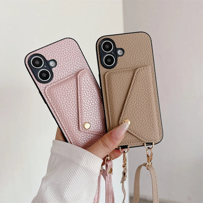 Hands-free iPhone case, featuring a durable vegan leather wallet & cross-body lanyard for protection.