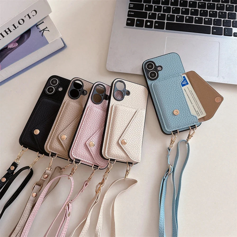 Unisex travel essential: Vegan leather iPhone lanyard wallet case for hands-free convenience & phone protection.