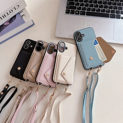 Unisex travel essential: Vegan leather iPhone lanyard wallet case for hands-free convenience & phone protection.
