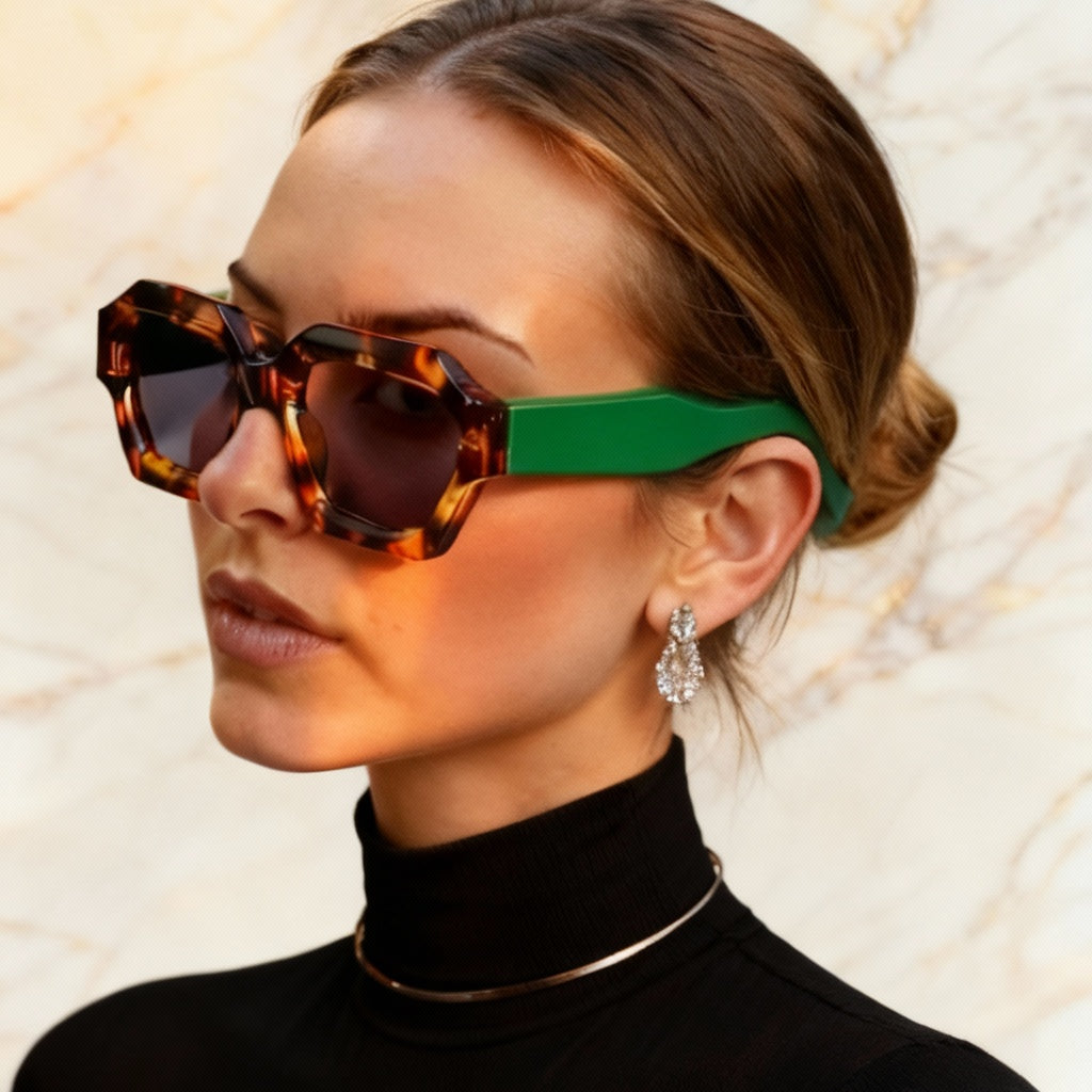 Statement Ventura eyewear for men & women. Leopard green sunglasses with UV400 protection. A bold fashion piece.