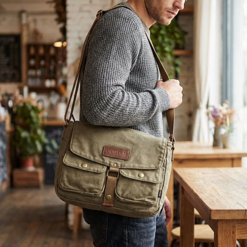 Unisex vintage canvas crossbody messenger bag with durable strap for everyday carry.