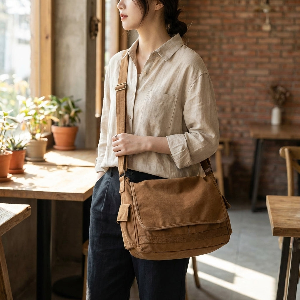 Unisex vintage canvas messenger bag for laptops & books. Durable shoulder bag for everyday use & travel.