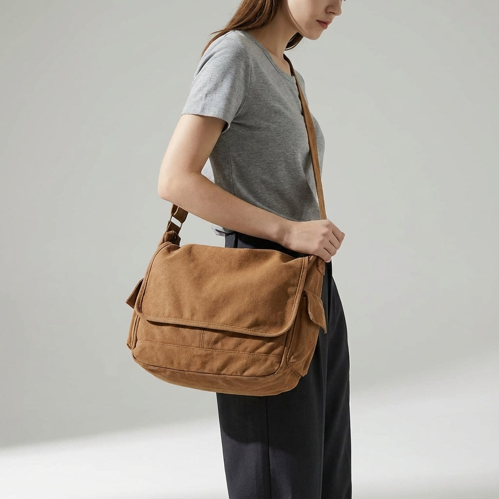 Stylish vintage canvas shoulder bag. Durable unisex crossbody messenger satchel for daily commuting & students.
