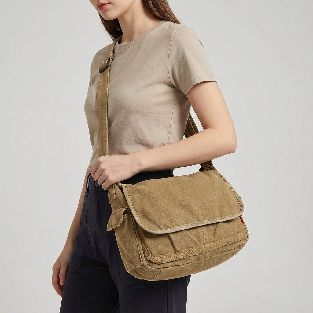 Versatile unisex vintage canvas messenger bag. Stylish shoulder & crossbody bag for everyday urban wear & travel.