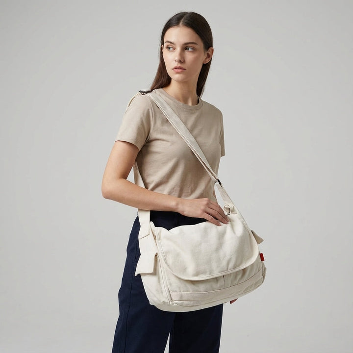 Practical vintage canvas crossbody messenger bag. Durable shoulder satchel for students, travel, and daily essentials.