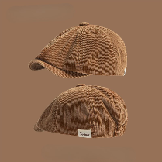 Unisex vintage corduroy newsboy cap, perfect for autumn & winter fashion. Classic flat cap style.