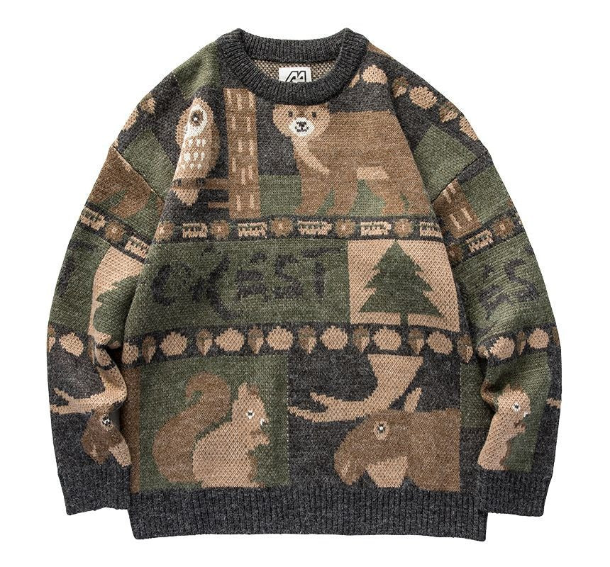 Unisex vintage forest friends cozy sweater. Relaxed fit pullover, ideal for casual wear and comfort.
