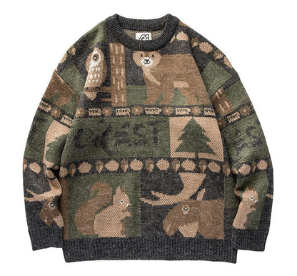 Unisex vintage forest friends cozy sweater. Relaxed fit pullover, ideal for casual wear and comfort.
