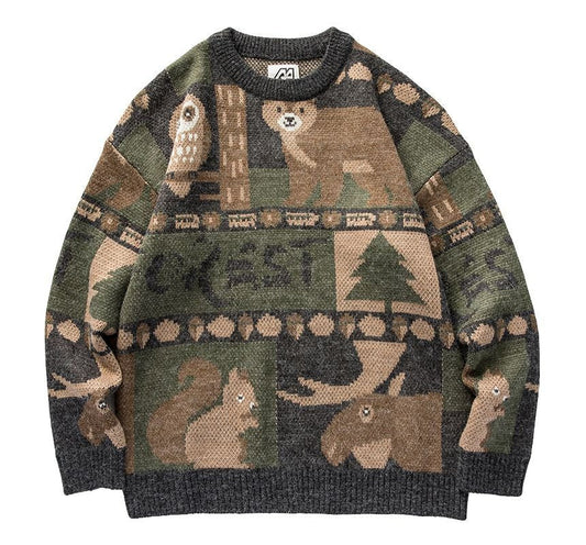 Unisex vintage forest friends cozy sweater. Relaxed fit pullover, ideal for casual wear and comfort.
