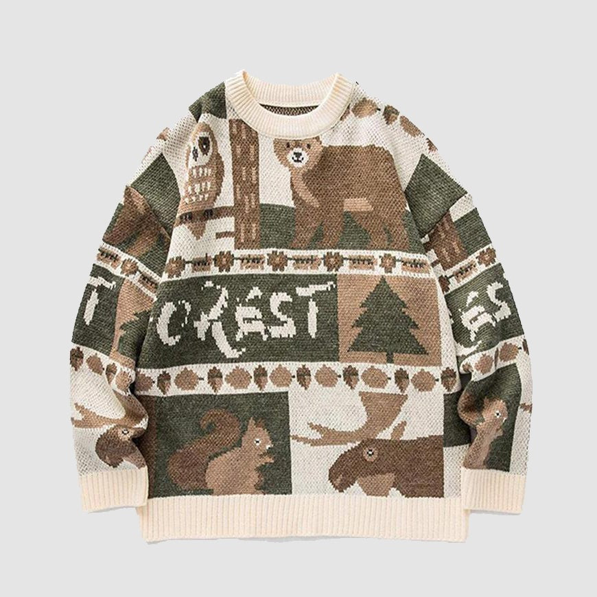 Cozy vintage unisex forest friends sweater featuring a graphic of woodland animals. Perfect relaxed fit pullover.