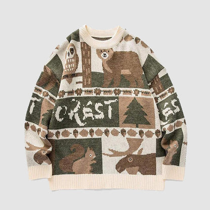 Cozy vintage unisex forest friends sweater featuring a graphic of woodland animals. Perfect relaxed fit pullover.